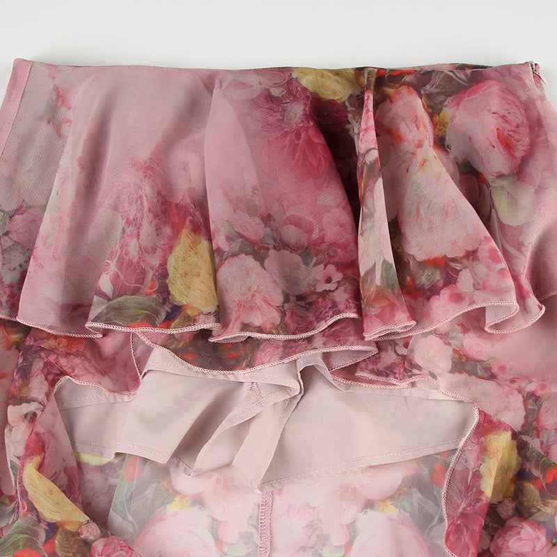 Sexy Holiday Romantic Floral Print Ruffled Skirt Sexy Irregular Asymmetric Trailing Dress with Lining