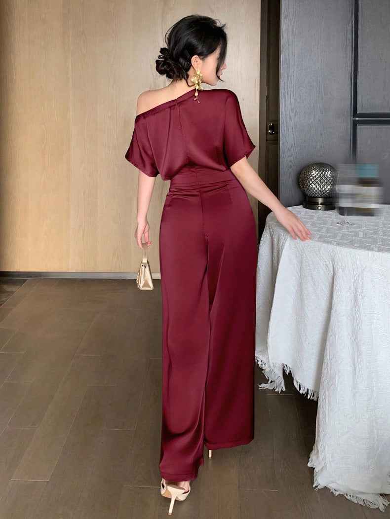 Satin Jumpsuit for Women Elegant Asymmetric