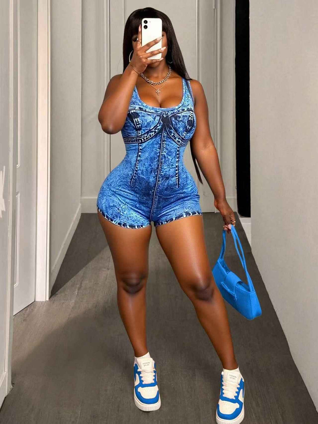 Denim Print Sexy Suspenders Tube Top Backless Romper Women
