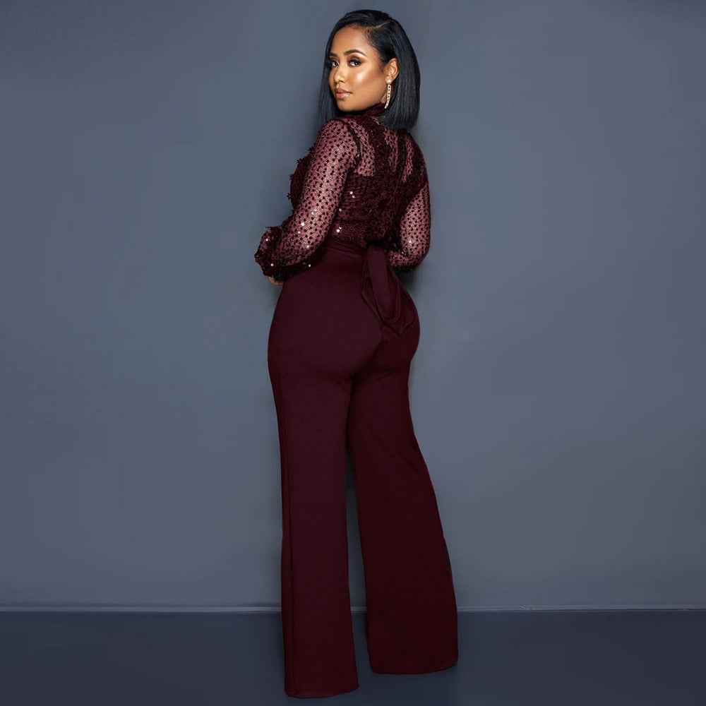 Party Turtleneck Sequin Lace Sheer Long Sleeve Top Loose Jumpsuit Women