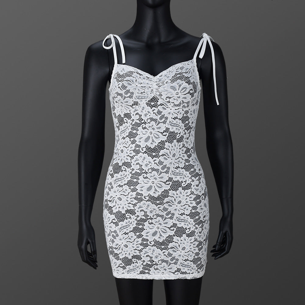 Sexy Women Clothing See through Slim Fit Lace up Sling Floral Lace Sheath Dress