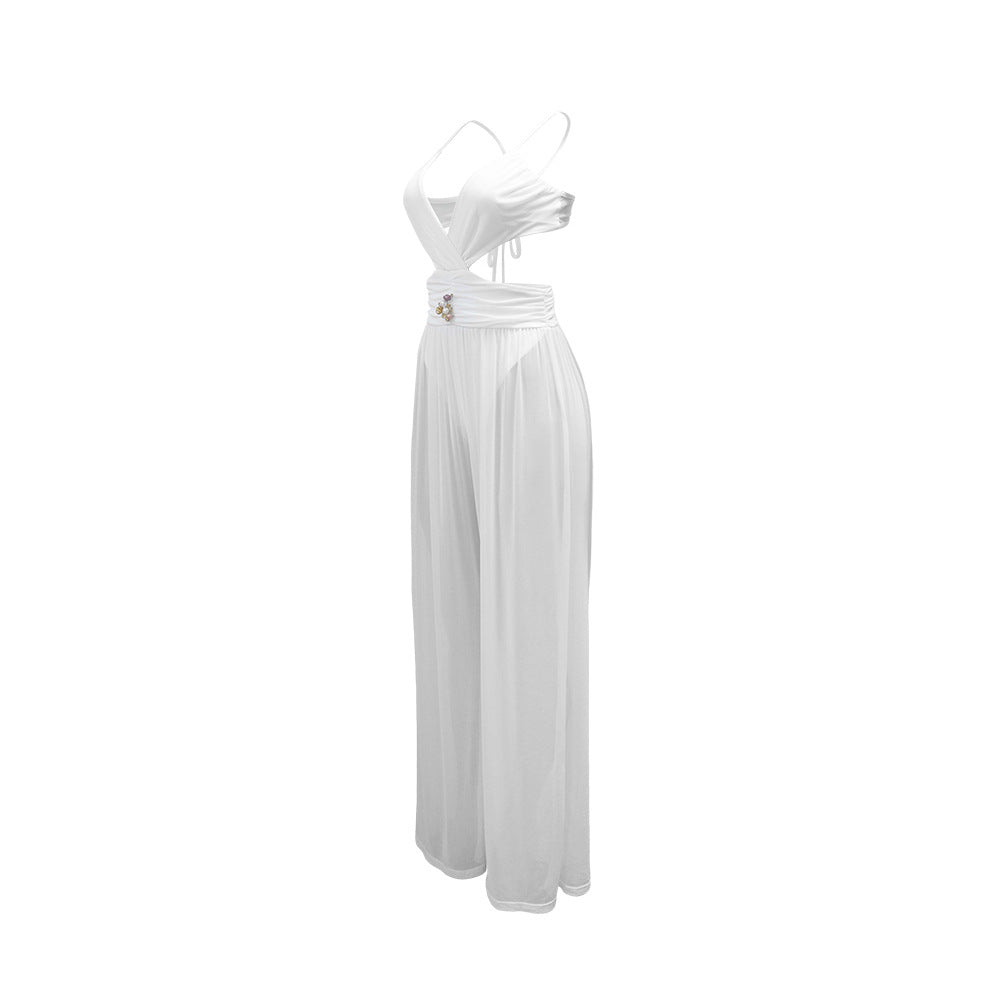 Sexy V neck Lace up Backless See through Sexy Jumpsuit Women