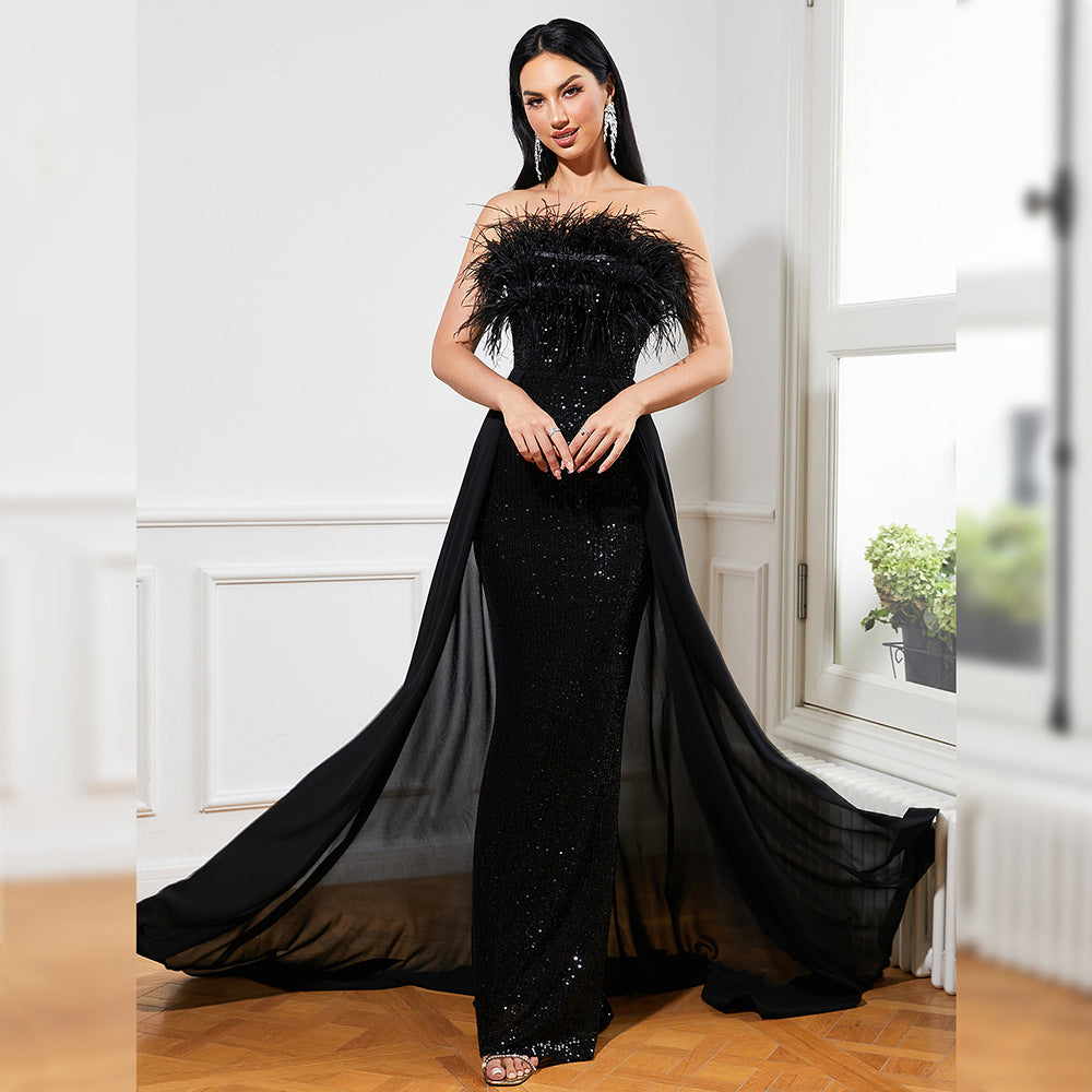 Sequined Sleeveless Feather Backless Cocktail Evening Dress