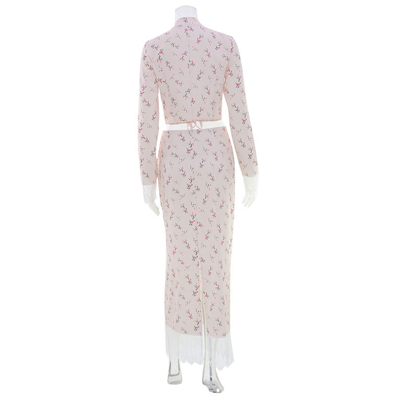 Elegant Long Sleeve Floral Mid Length Skirt Set