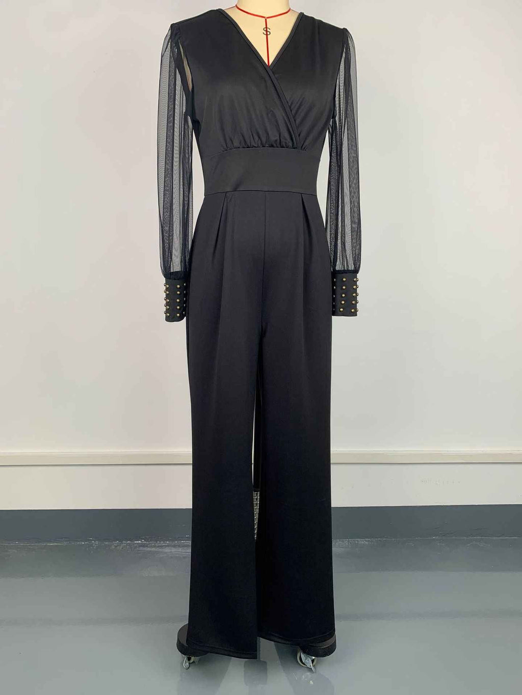 V neck Mesh Stitching Rivet Long Sleeve Loose Jumpsuit