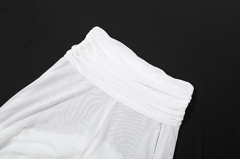 See through Turtle Bell Sleeve Split Skirt Set