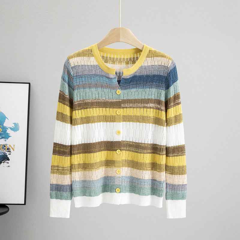 Striped Long Sleeved Loose Knitted Cardigan Sweater