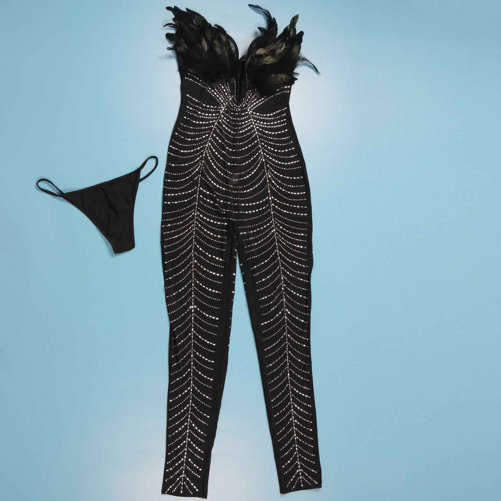 Sexy Feather Rhinestone Slim Fit Sheath Sleeveless Jumpsuit