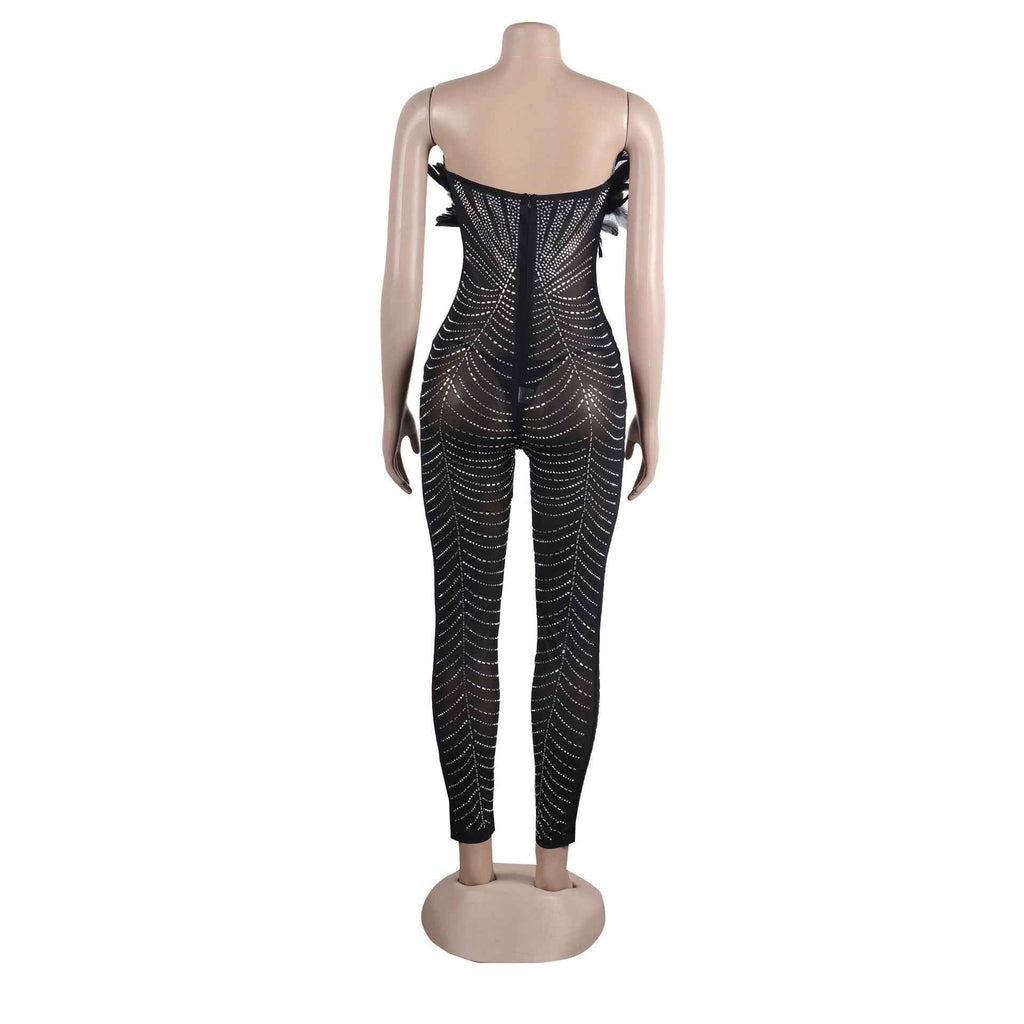 Sexy Feather Rhinestone Slim Fit Sheath Sleeveless Jumpsuit