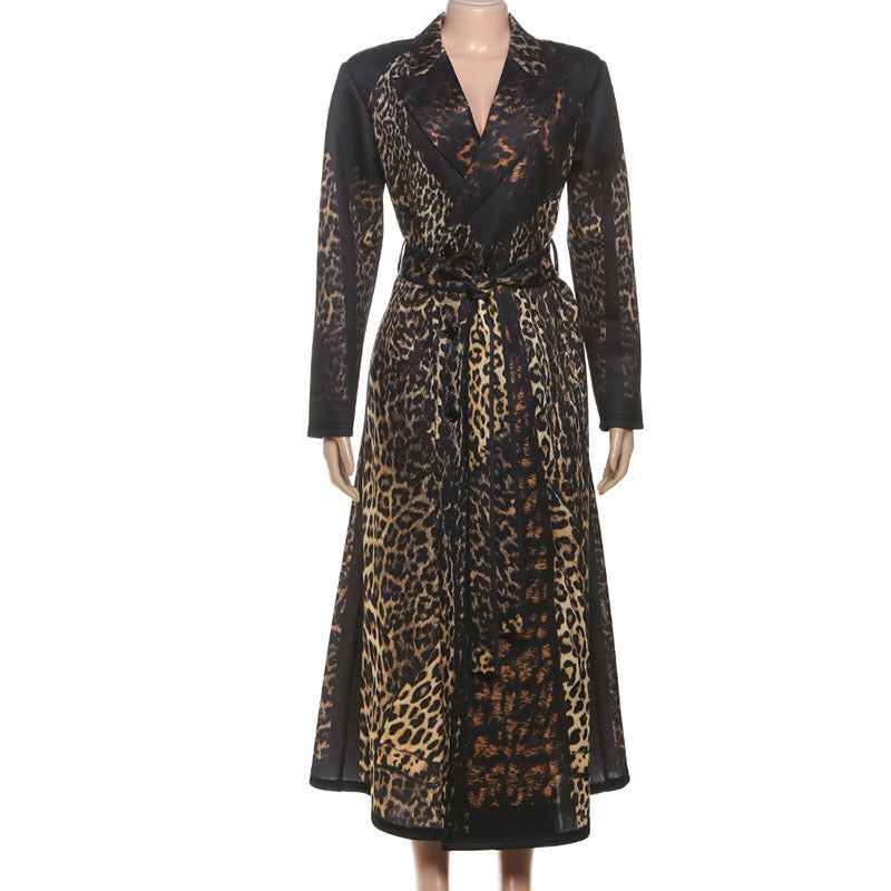 Leopard Pattern print Casual Bandage Trench Jacket