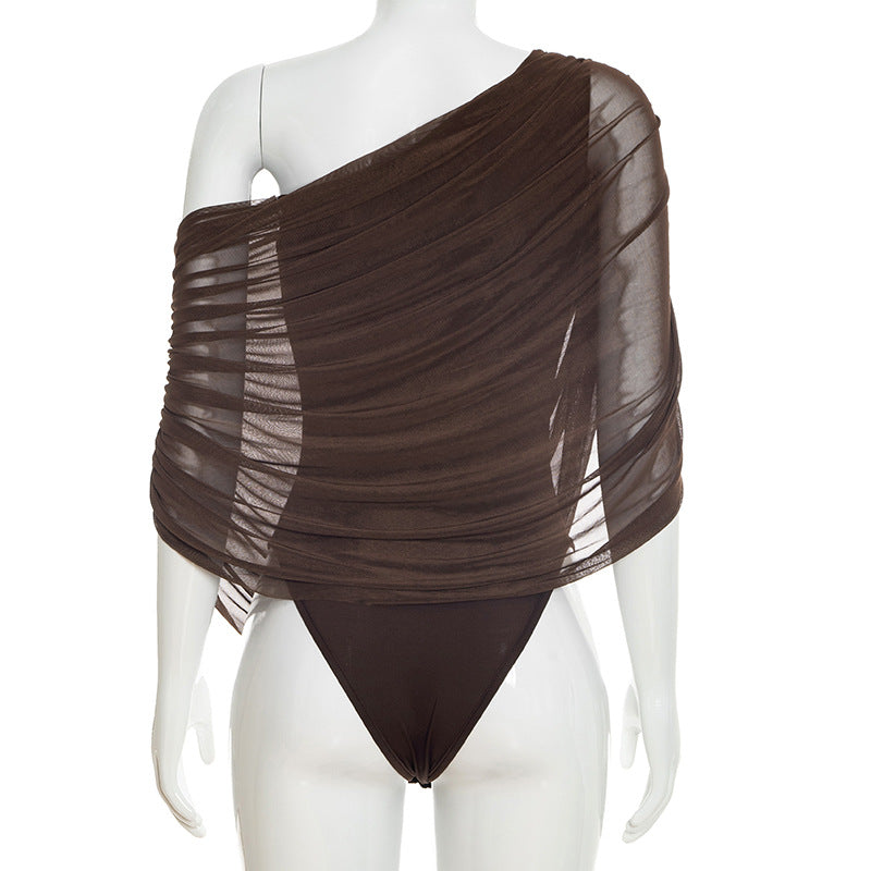 Pleated Sloping Shoulder Women's Elegant Bodysuit