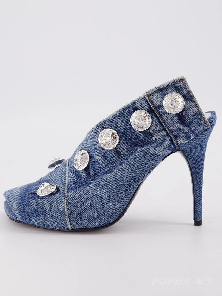 Women's Stiletto Heel Square Toe Denim Metal Rivets