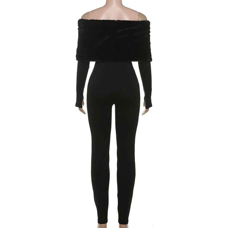 Sexy off the Shoulder Furry Slim Fit Patchwork Jumpsuit