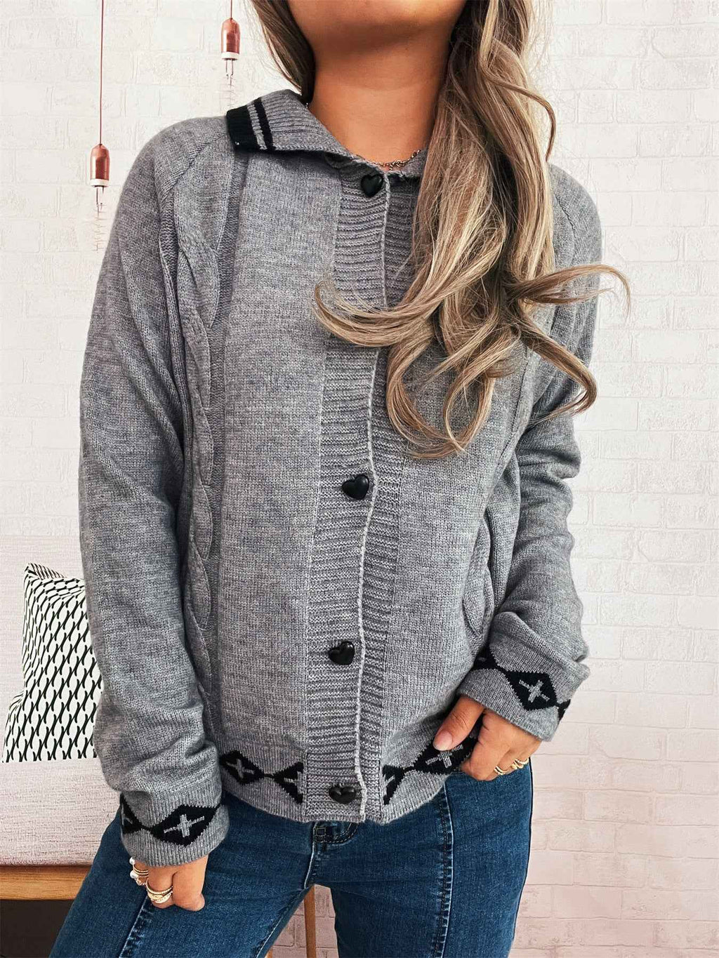 Valentine's Day Retro Pattern Cute Love Button Long Sleeve Knit Cardigan Sweater