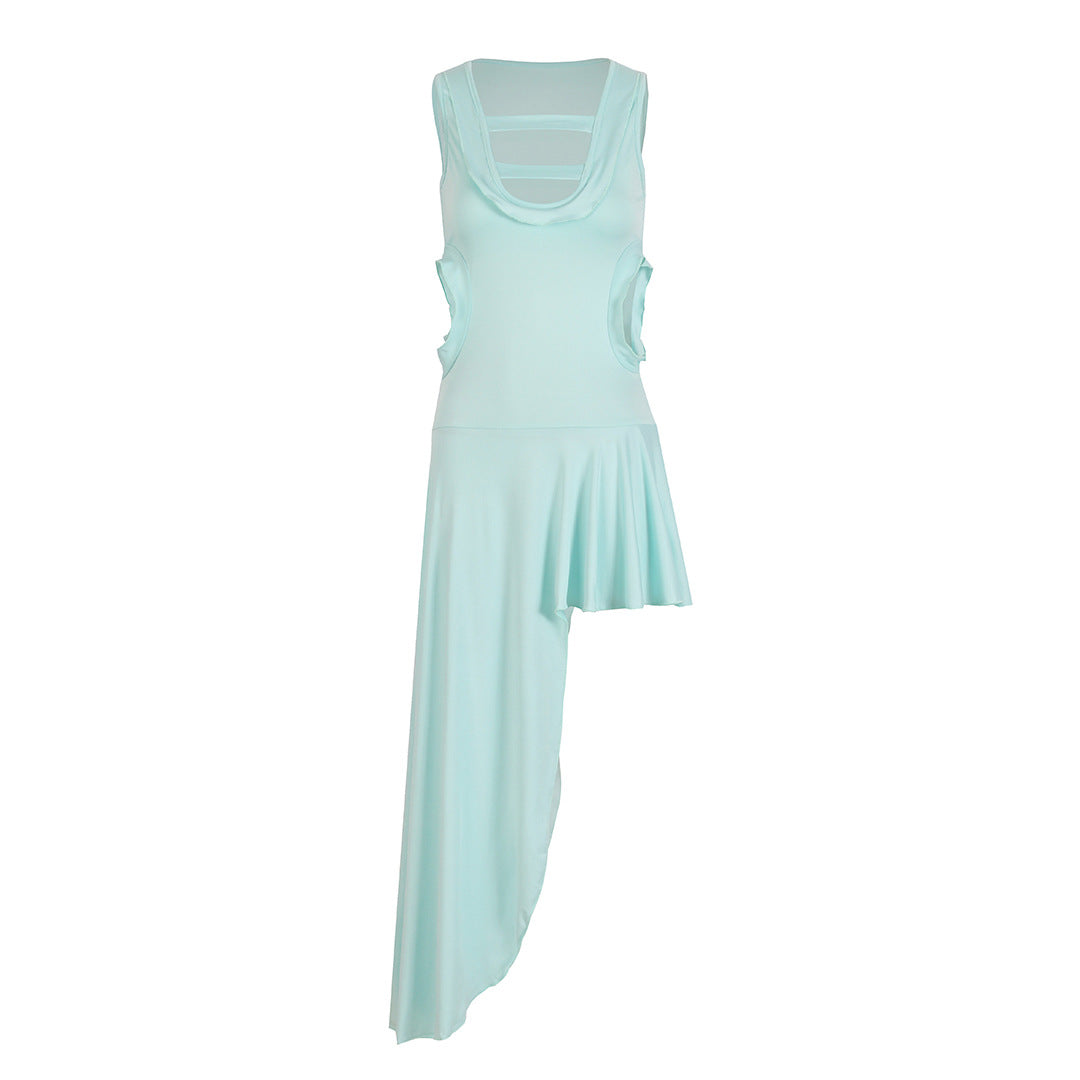 Fresh Solid Color One Piece Irregular Asymmetric Dress Beach Dress Set Sexy Hollow Out Cutout