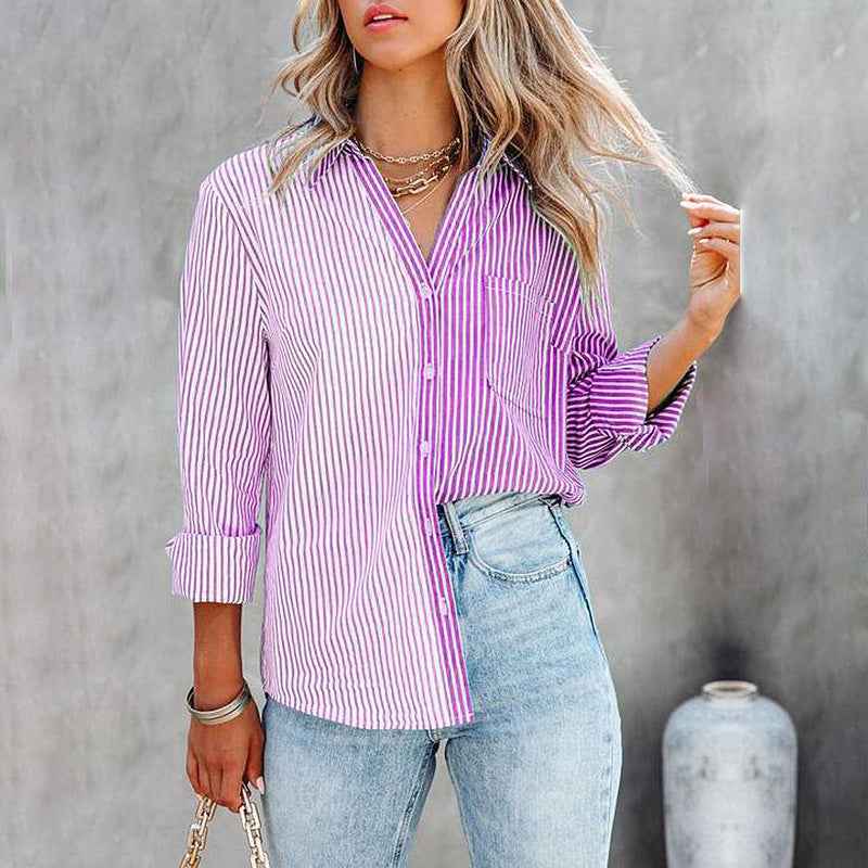 Striped Color Contrast Cardigan Blouse