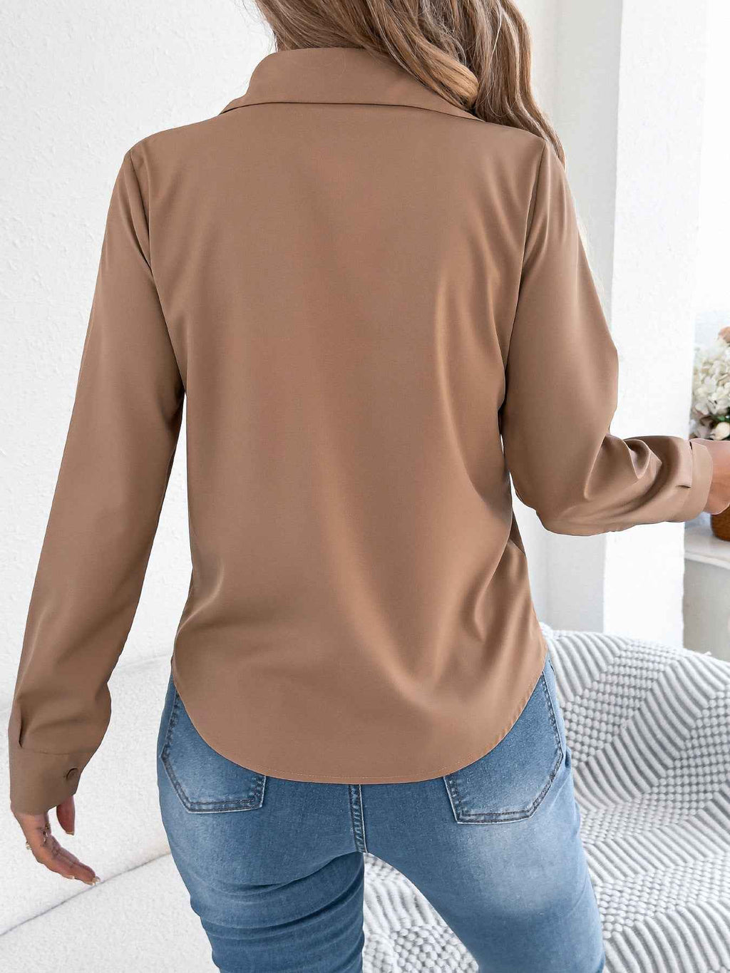 Elegant Pleated Solid Color Button Blouse