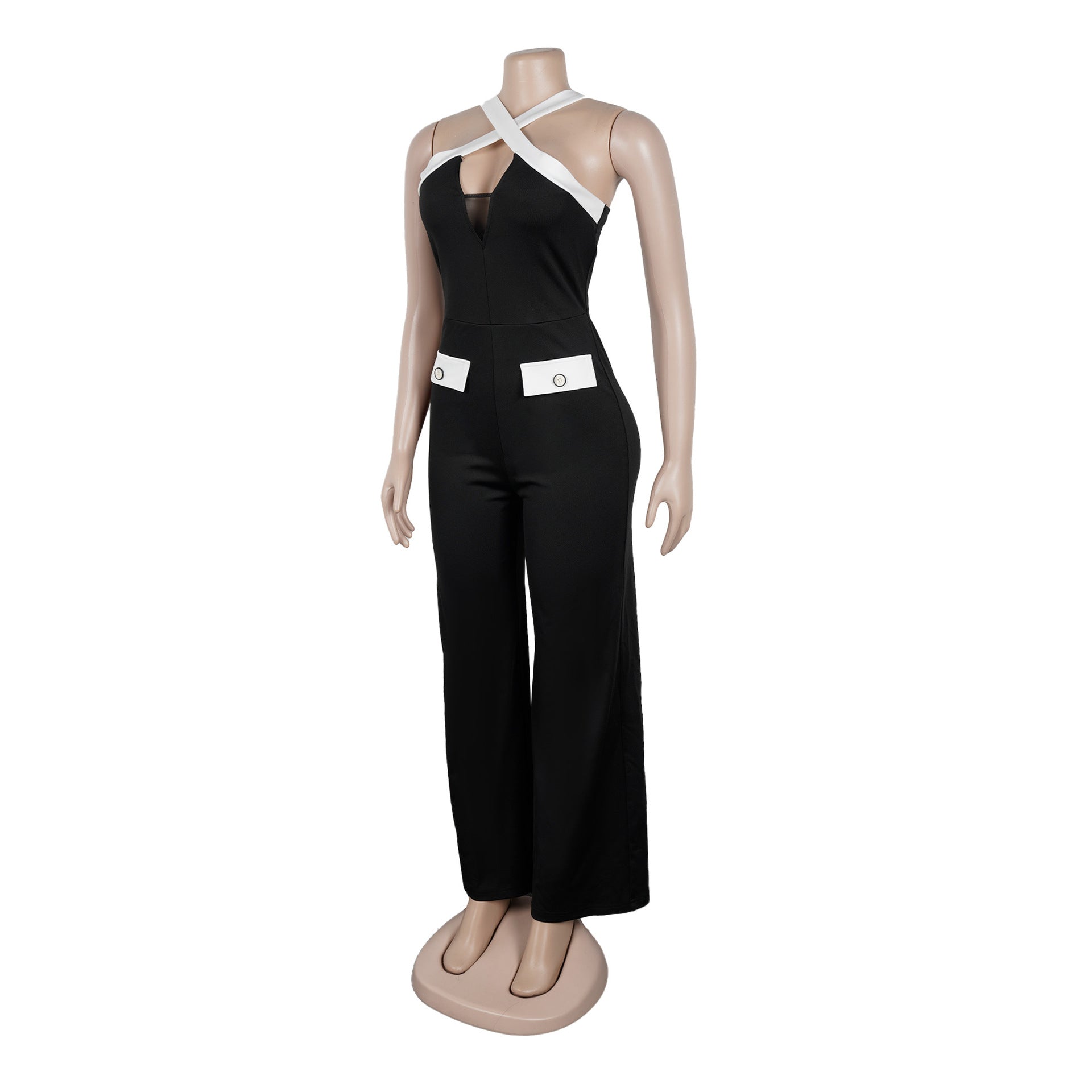 Elegant Office Contrast Color Cross Strap Jumpsuit