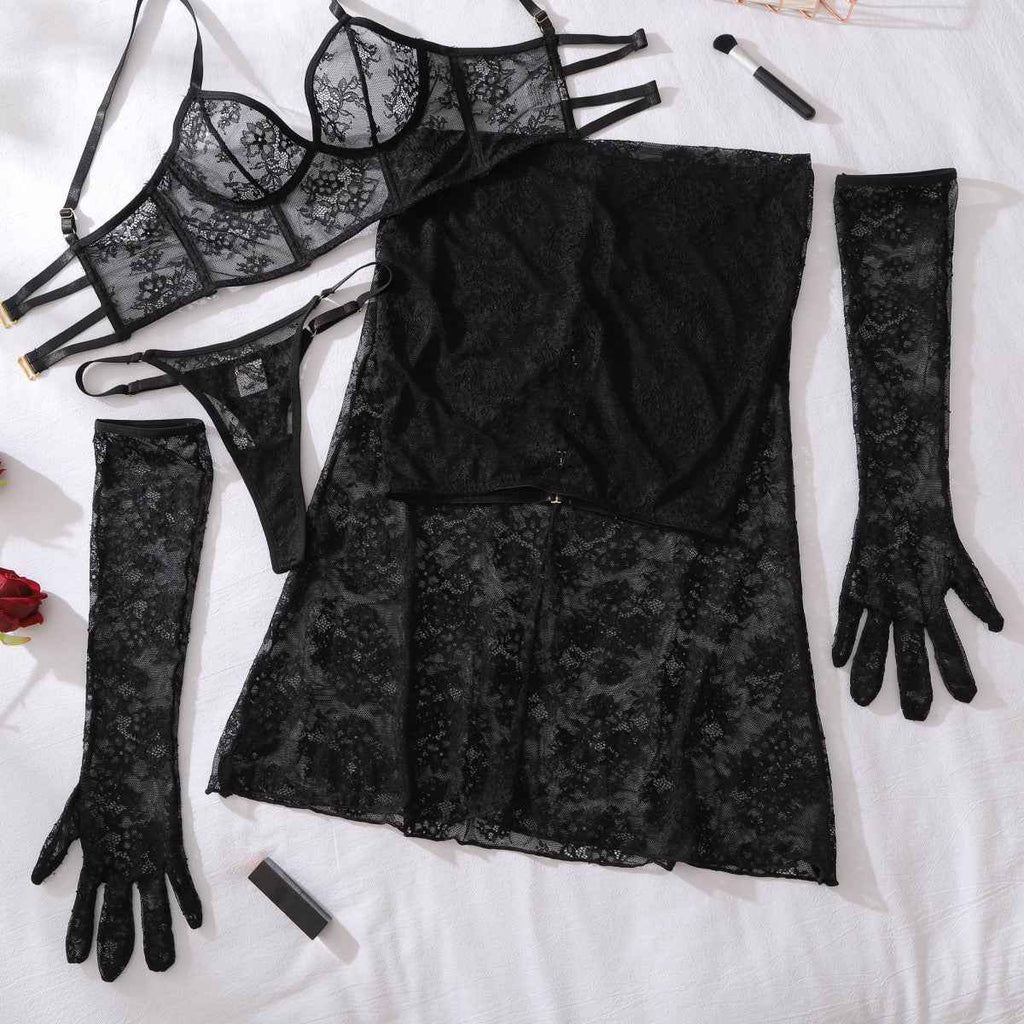 See through Floral Lace Maxi Skirt Body Shaping Split Set with Gloves Lingerie