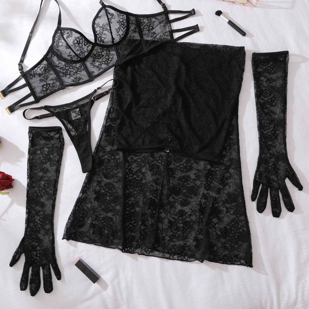 See through Floral Lace Maxi Skirt Body Shaping Split Set with Gloves Lingerie