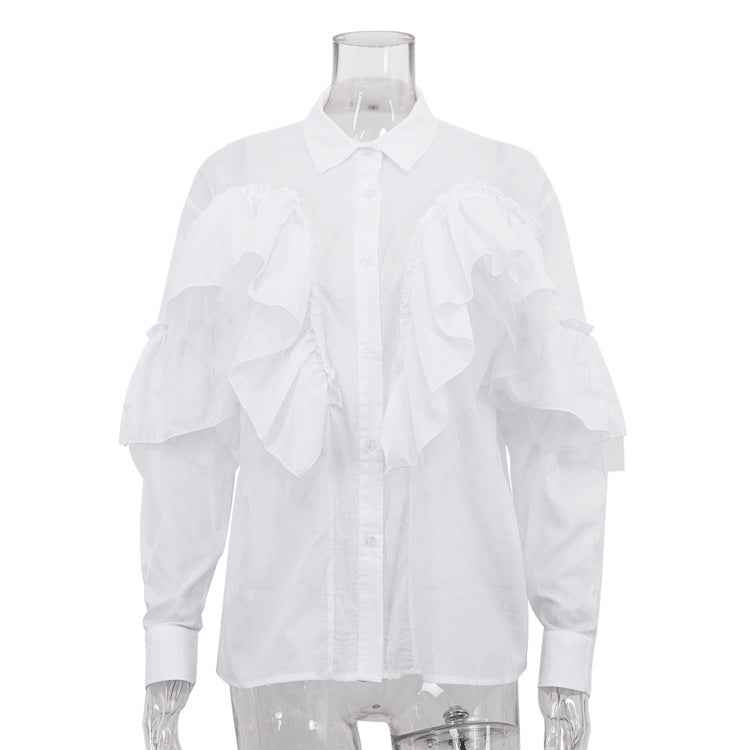Ruffled Polo Collar Long Sleeve Blouse