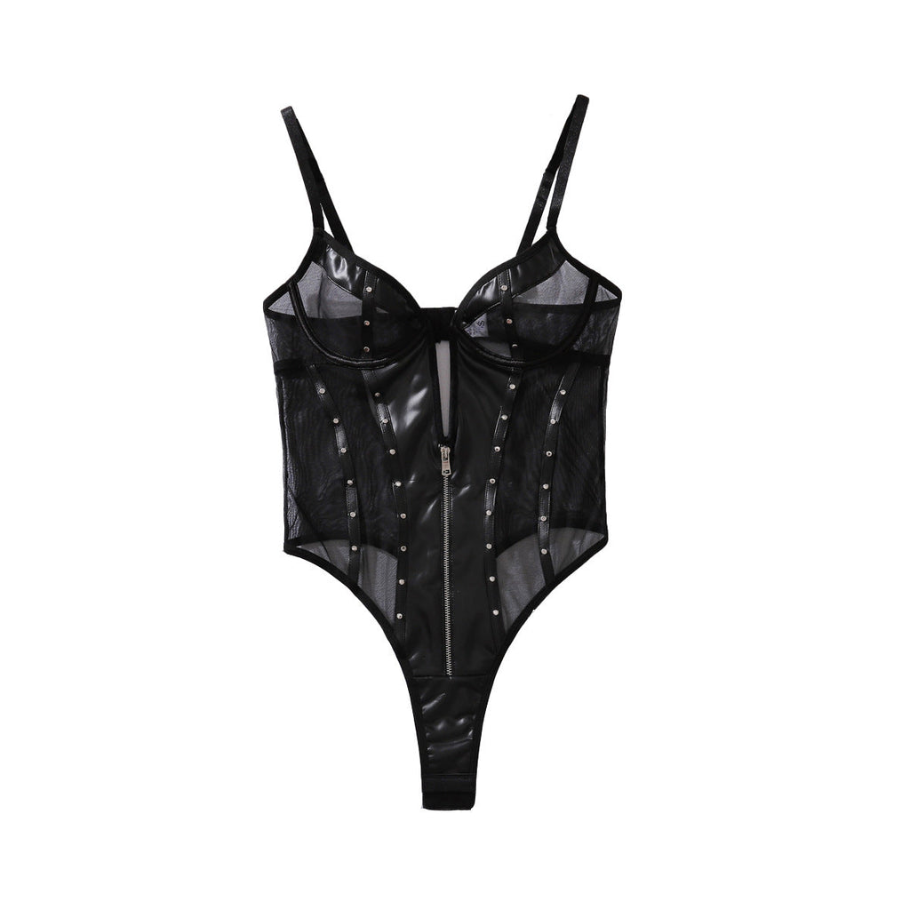 See through Mesh Patchwork Faux Leather Slim Fit Rivets Lingerie