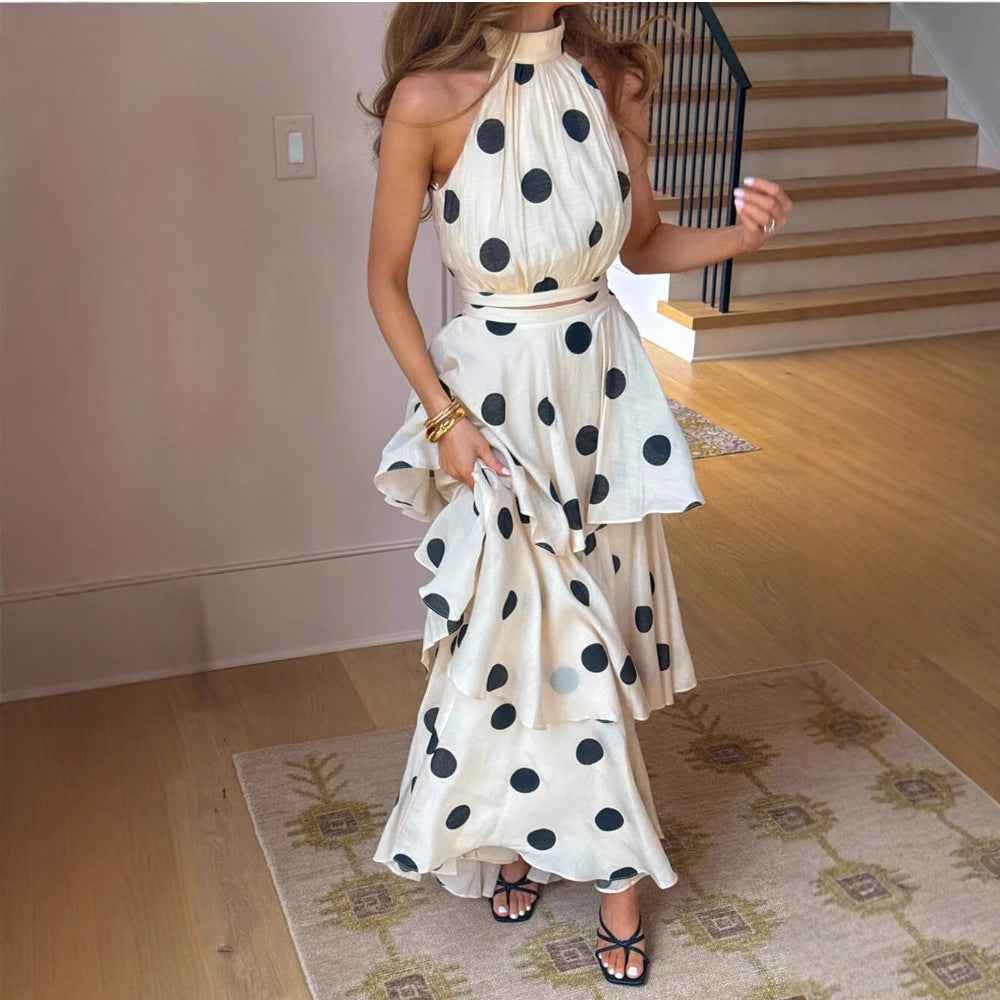 Polka Dot Halter Sleeveless and Skirt Two Piece Set