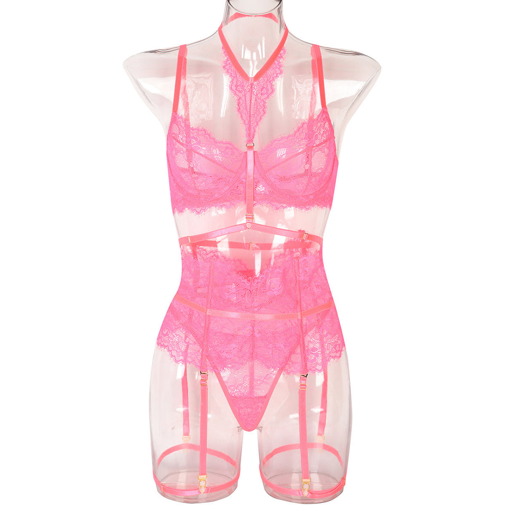 Sexy Three Piece Summer Lace Eyelash Lace Stitching with Halter Foot Ring