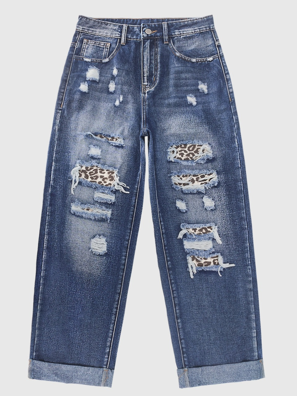 High Waist Jeans Leopard Patch Ripped Retro