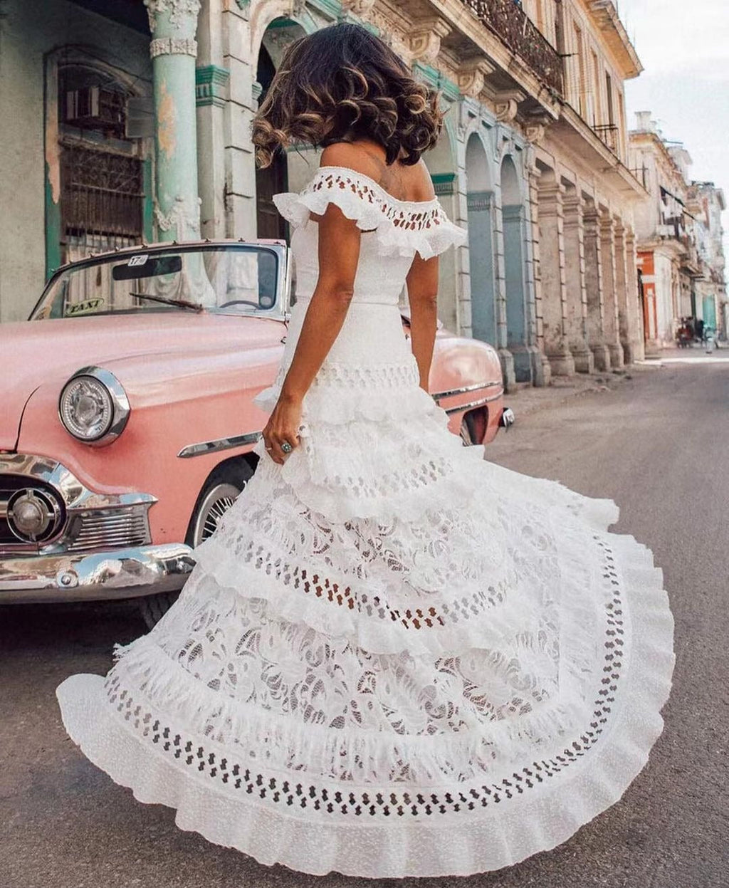 Ruffled Hollow Out Cutout Wide Hem Lace Long Dress