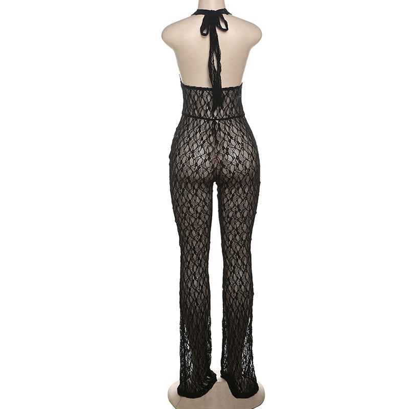 See Through Lace Up Backless Jumpsuit