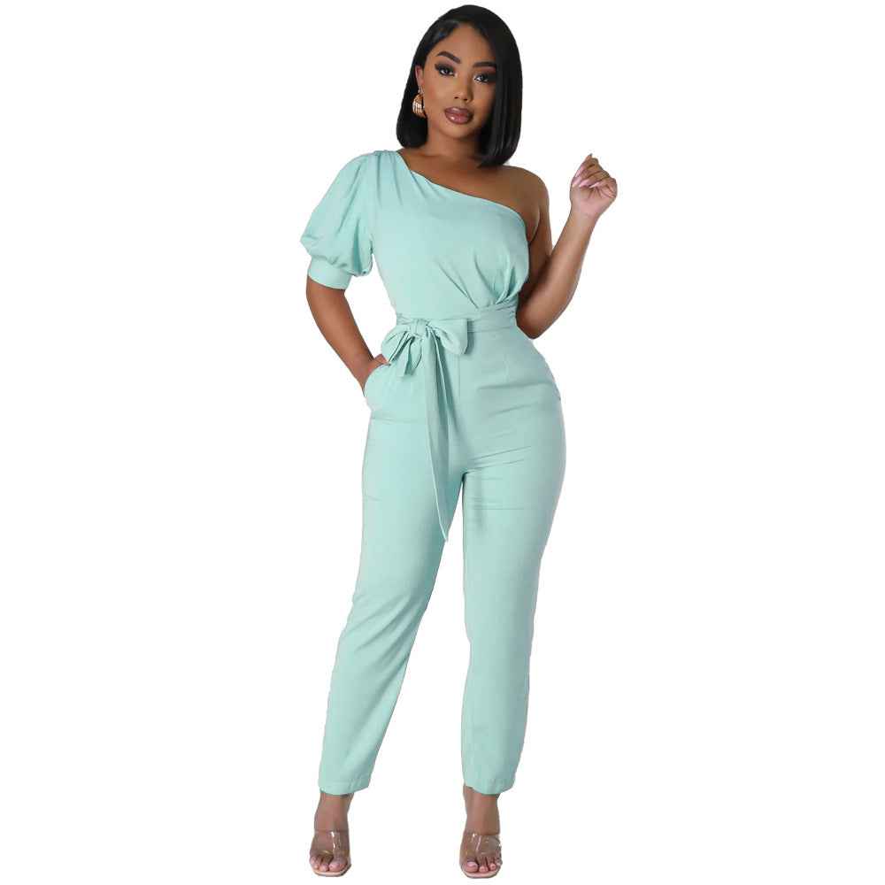 One Shoulder High Waist Backless Slim Tapered Jumpsuit