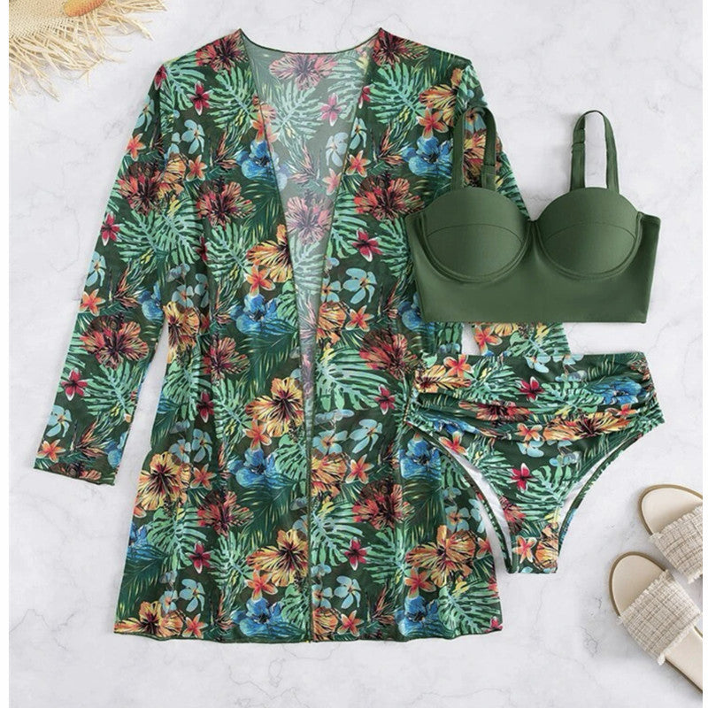 Sexy Mesh Bikini Three Piece Push up Split Printed Swimsuit for Women