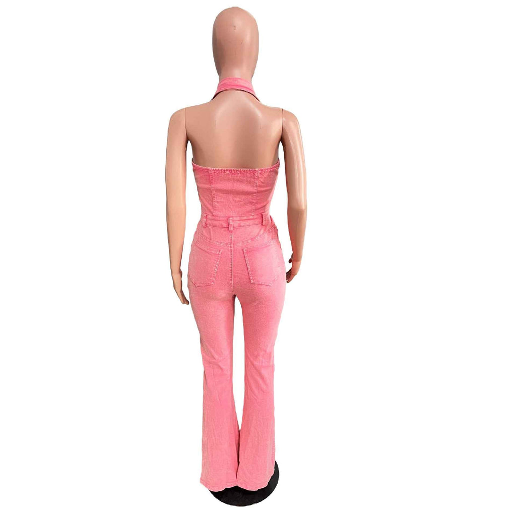 Denim Sexy Backless Collared Jumpsuit