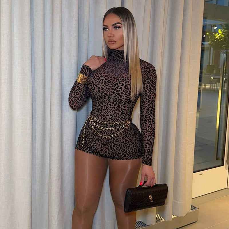 Women's Turtleneck Leopard Print Romper