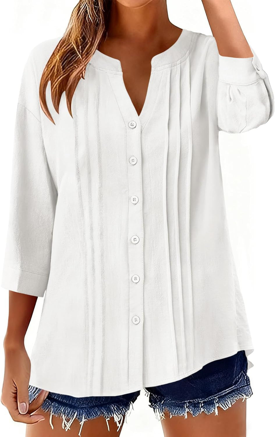 Half Open Collar Single Breasted Pleated Cropped Sleeve Blouse