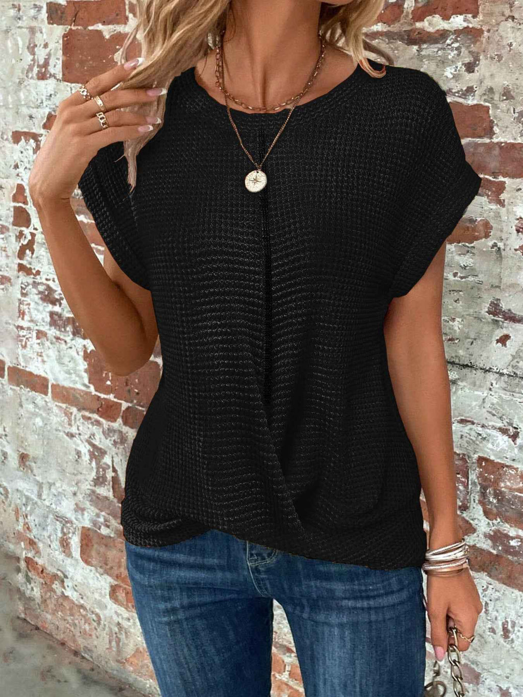 Batwing Sleeve Twist Hem Waffle Knit Tee