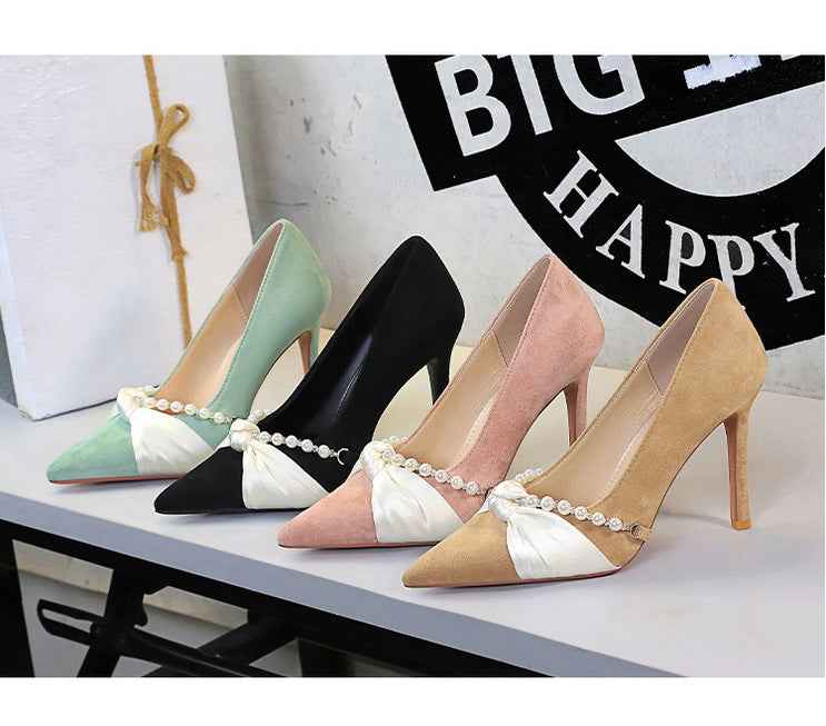 French Elegant Socialite Pearl Bow Pointed Low Cut Suede Stiletto Heel Pumps for Women