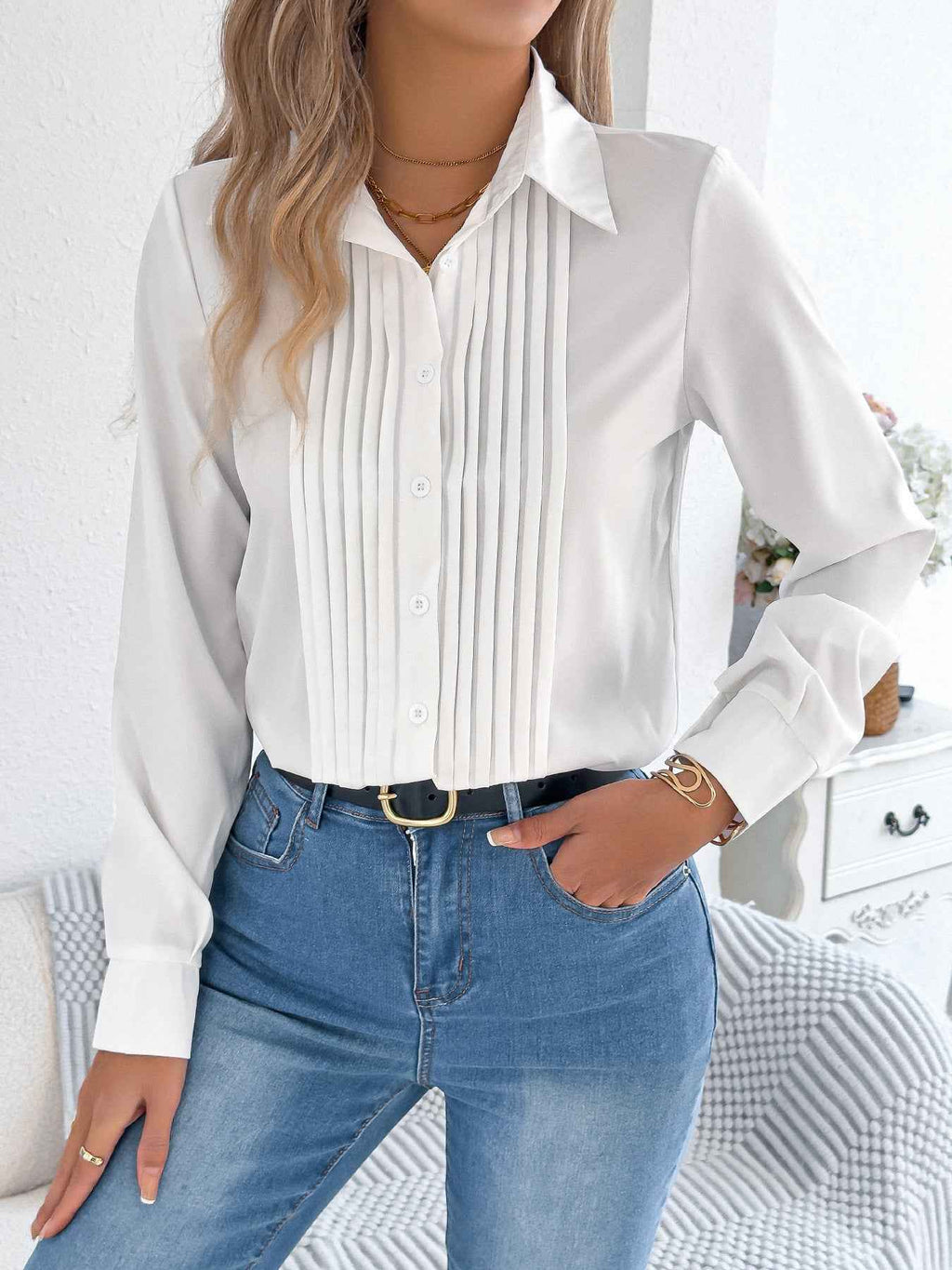 Elegant Pleated Solid Color Button Blouse