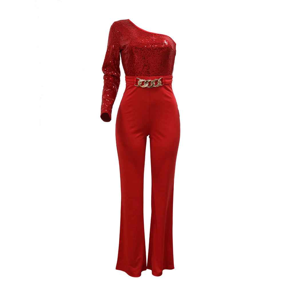 Shoulder Sleeve Sequin Stitching Jumpsuit