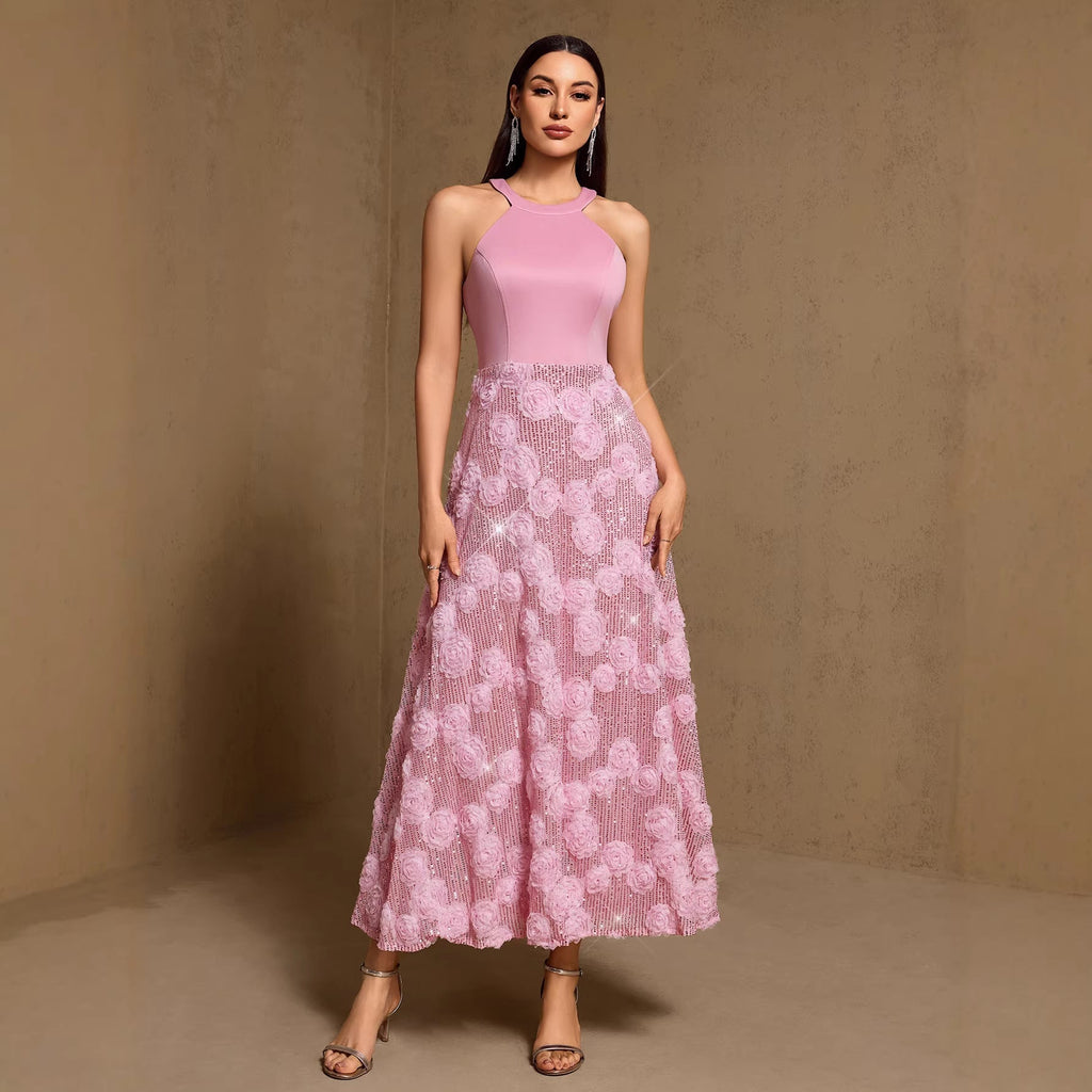 Spring Summer Print Heavy Industry Stitching Large Hem Fully Lined Evening Dress