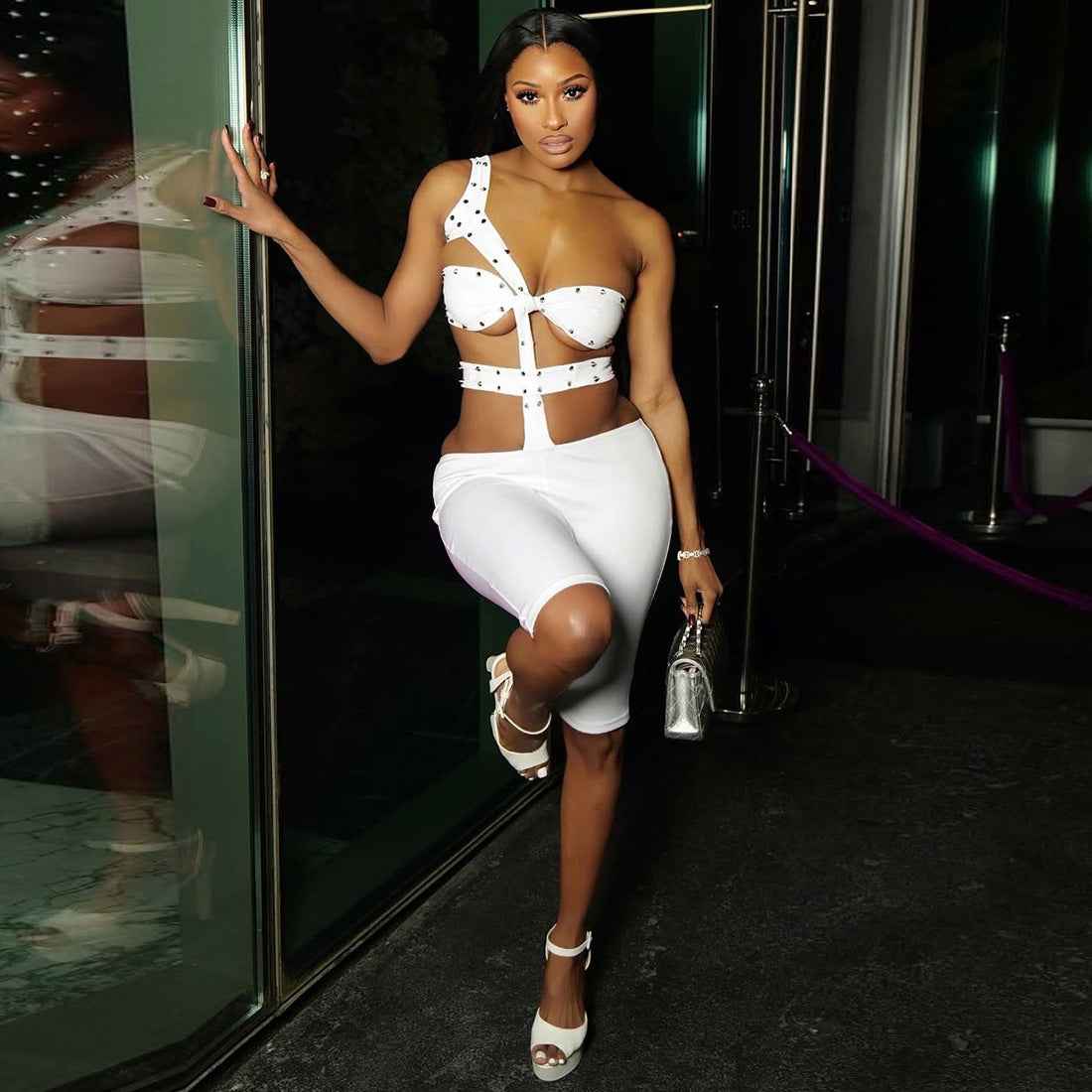 Unique Rivet Sexy Cutout Tight Five Point Jumpsuit