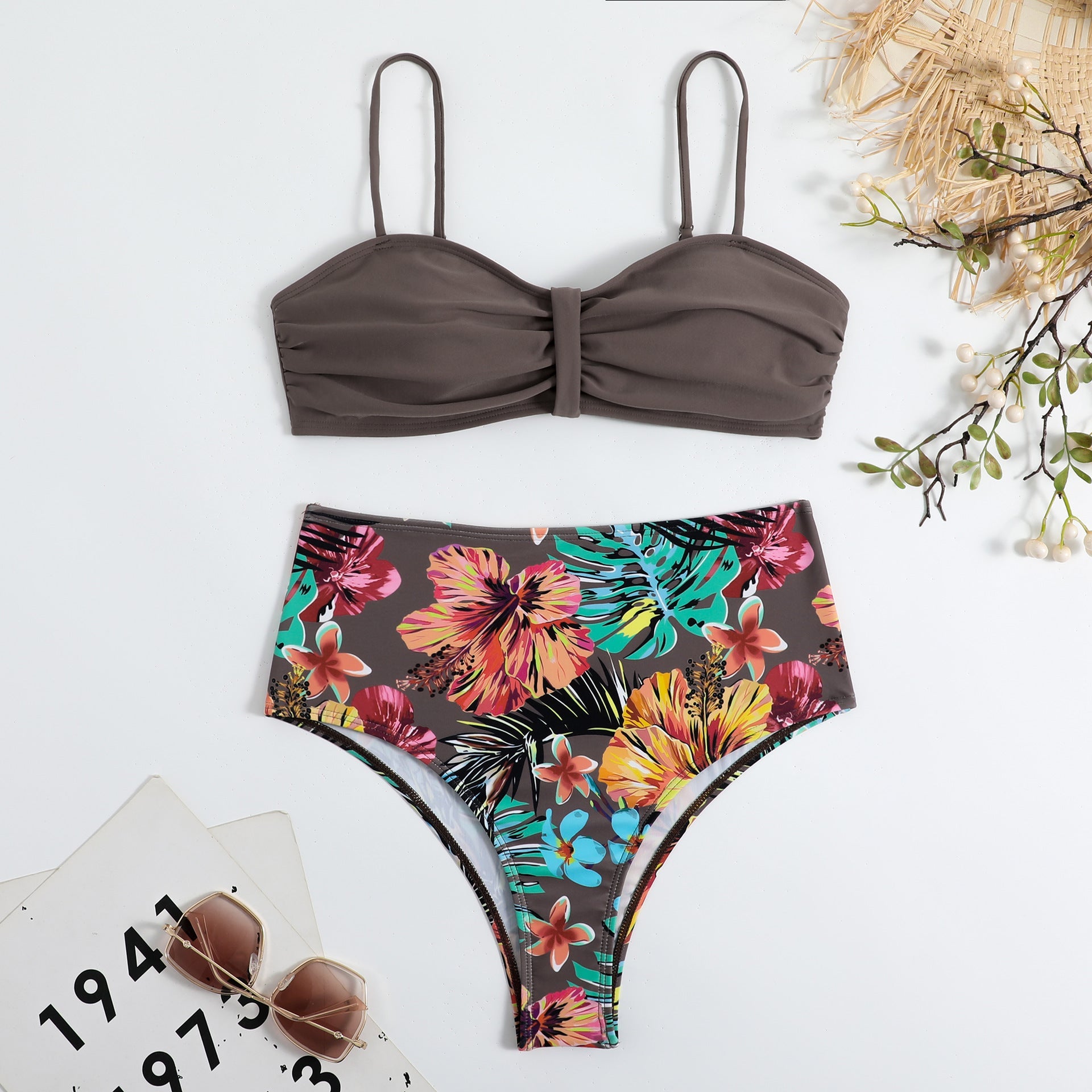 Swimsuit Women Split Bikini Retro Sexy Solid Color Printing Bikini Wear