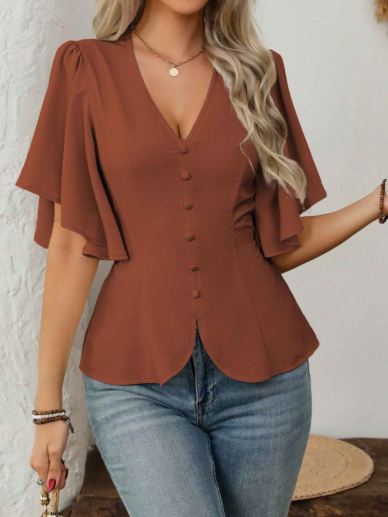 Elegant Solid Color Blouse