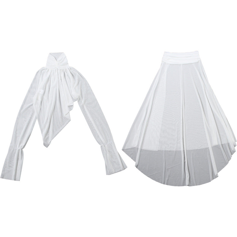 See through Turtle Bell Sleeve Split Skirt Set