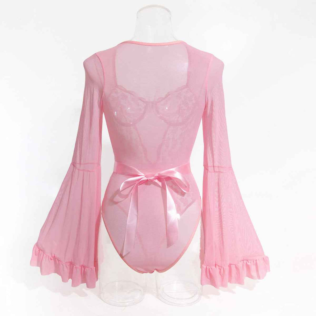 Lace Stitching Elastic Mesh Flared Bodysuit
