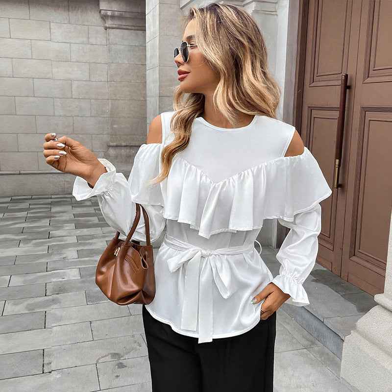 Elegant Long Sleeved Ruffled Off the Shoulder Lace Blouse