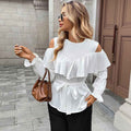 Elegant Long Sleeved Ruffled Off the Shoulder Lace Blouse