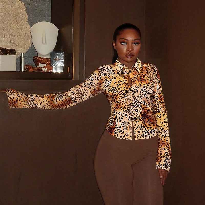 Leopard Print Slim Fit Button up Blouse