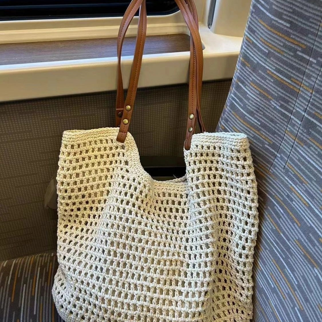 Grid knitted hobo bag, travel commuter shoulder bag, travel large capacity armpit bag, crochet hobo purse